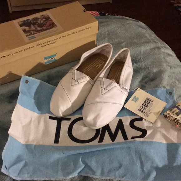 Toms Shoes - NEVER WORN White Toms, comes with flag + box